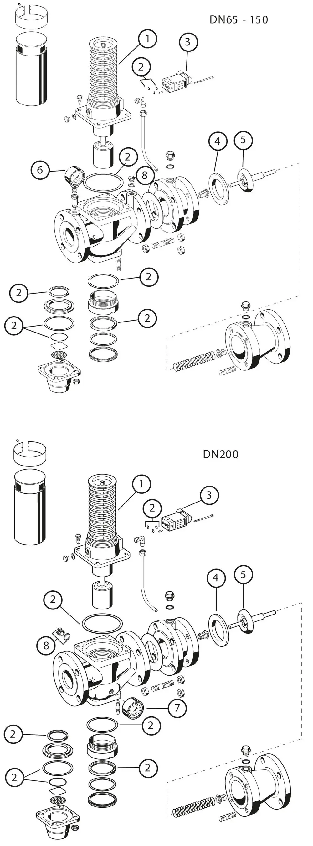 Schematische Darstellung eines Rohrtrenners mit verschiedenen Komponenten, einschließlich Kupplungen, Dichtungen und einer Druckanzeige, produziert von Resideo.