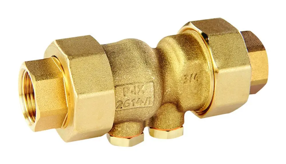 Messingrückflussverhinderer von Resideo mit zwei Schraubanschlüssen. Kompakte Bauform für hydraulische Systeme.