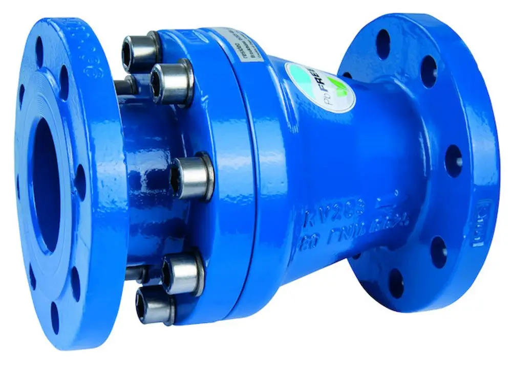 Rückflussverhinderer in blauer Pulverbeschichtung mit Flanschen, hergestellt von Resideo, zur Installation in Rohrleitungssystemen.