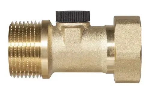 Rückflussverhinderer aus Messing mit einstellbarem Ventilkopf. Das Produkt ist von Resideo und für die Verwendung in Wasserleitungen konzipiert.