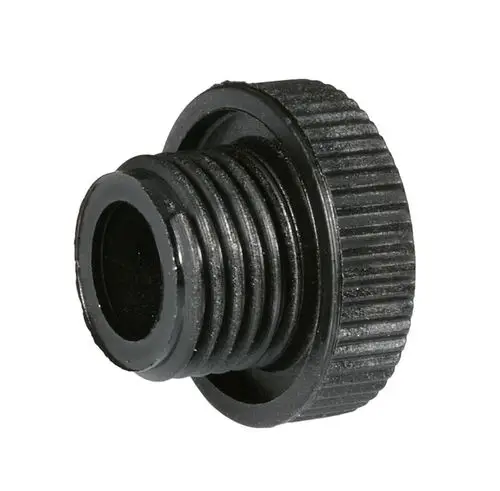Schwarzer Adapter mit Gewinde, verwendet als Verbindungselement in Wasserinstallationen oder Zubehoerteilen.