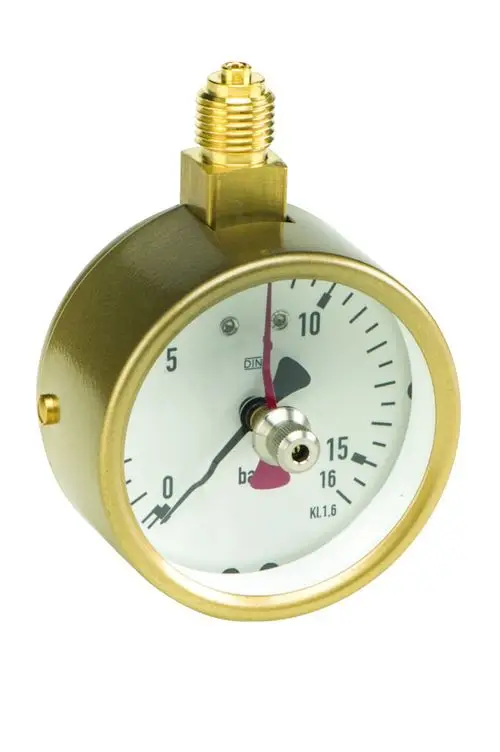 Manometer von Resideo zur Druckmessung mit Skala von 0 bis 16 bar, abgerundeter, goldfarbener Gehäuse und einem Anschluss für Druckprüfgeräte.