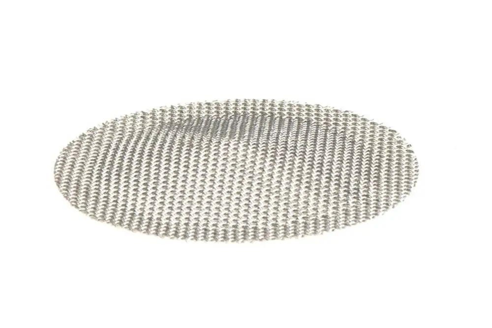 Metallisches Sieb mit feiner Struktur, verwendet in Systemtrennern von Resideo, zur Trennung von Flüssigkeiten oder zur Filtration. Ovaler, flacher Formfaktor.
