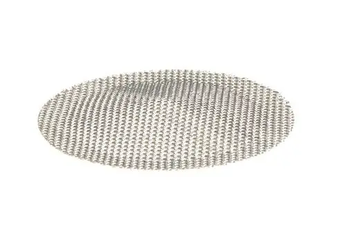 Metallisches Sieb mit feiner Struktur, verwendet in Systemtrennern von Resideo, zur Trennung von Flüssigkeiten oder zur Filtration. Ovaler, flacher Formfaktor.