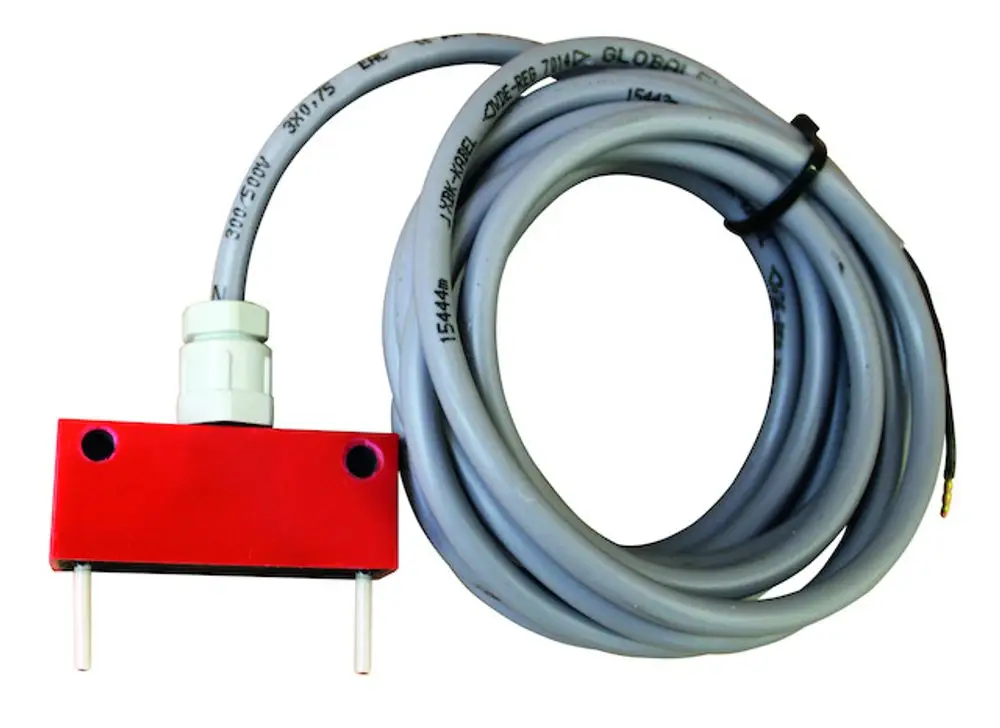 Wassermangel-Sensor mit rotem Gehäuse und grauem Kabel von Resideo, ausgestattet mit zwei Kontakten, zur Verwendung in Sicherheitsanwendungen.