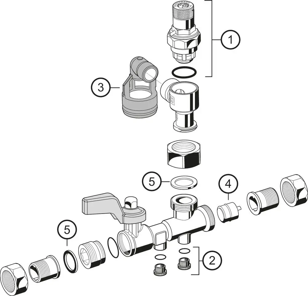 Schematische Darstellung einer Sicherheitsgruppe mit Komponenten wie Ventilen, Dichtungen und Anschlüssen, hergestellt von Resideo.