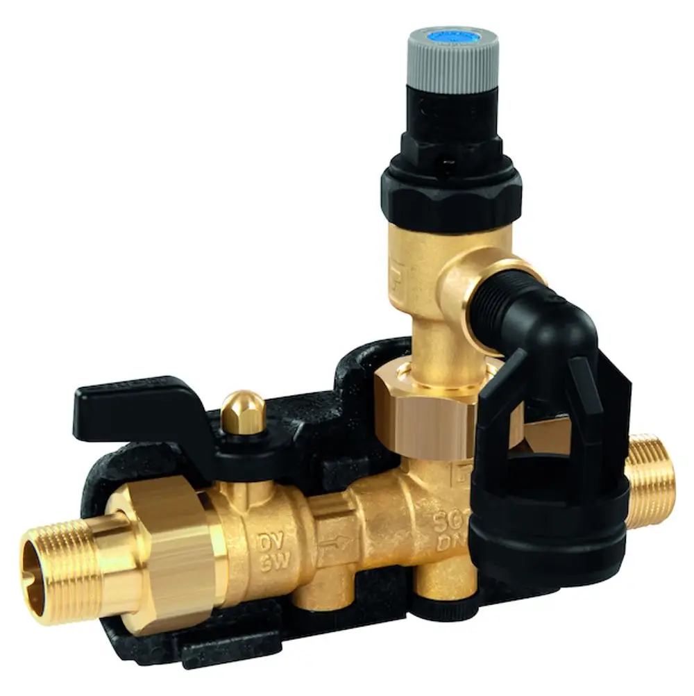 Messing-Sicherheitsgruppe mit mehreren Anschlüssen und einem schwarzen Ventil von Resideo, zur Steuerung und Absicherung in hydraulischen Systemen.