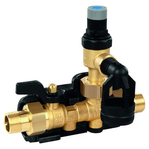 Messing-Sicherheitsgruppe mit mehreren Anschlüssen und einem schwarzen Ventil von Resideo, zur Steuerung und Absicherung in hydraulischen Systemen.