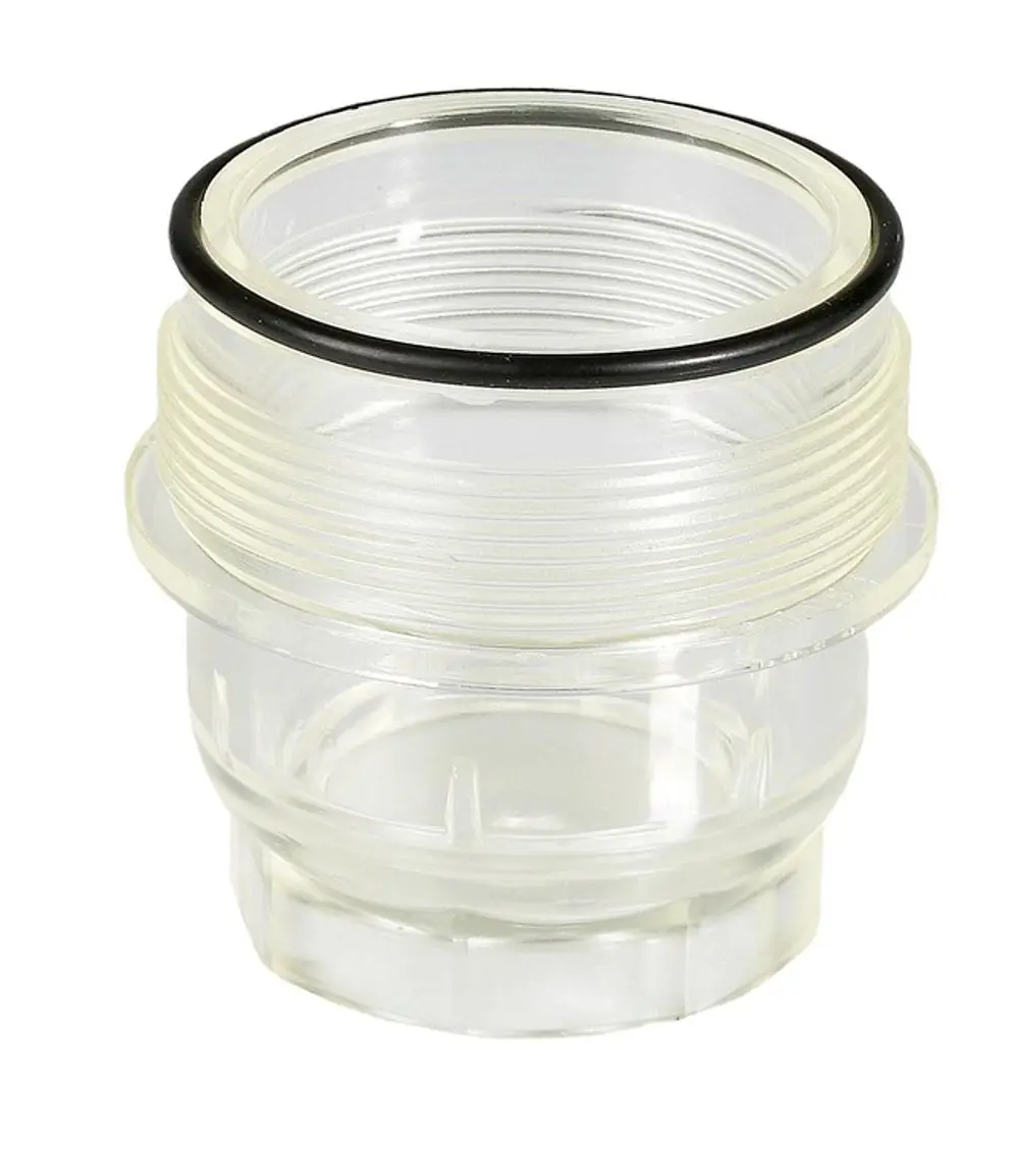 Durchsichtiger Kunststoffbehälter mit Gewinde und Dichtungsring, geeignet für den Einsatz mit Resideo-Produkten zur Filtration oder Durchflusskontrolle.