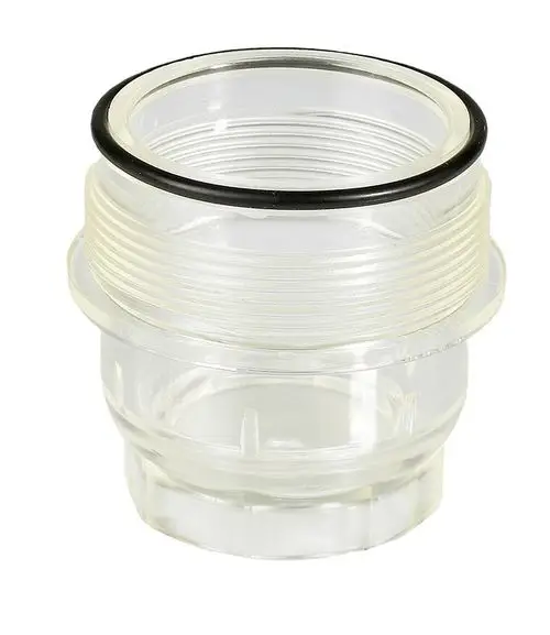 Durchsichtiger Kunststoffbehälter mit Gewinde und Dichtungsring, geeignet für den Einsatz mit Resideo-Produkten zur Filtration oder Durchflusskontrolle.