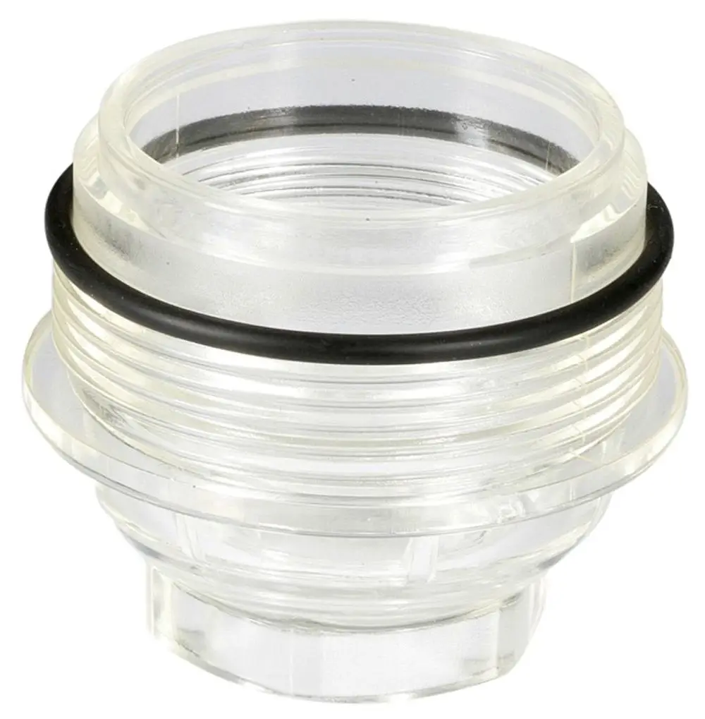 Transparente Siebtasse mit einem schwarzen Gummi-O-Ring, entworfen von Resideo, zur Verwendung in spezifischen Geräten.