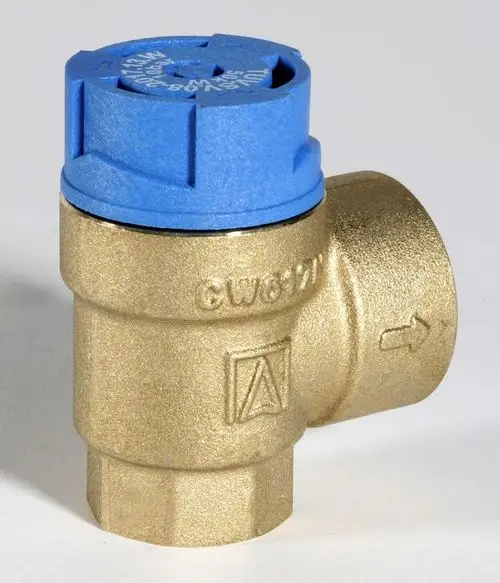 Messing-Sicherheitsventil mit blauem Deckel, montierbar, zur Druckregulierung. Hergestellt von Resideo.