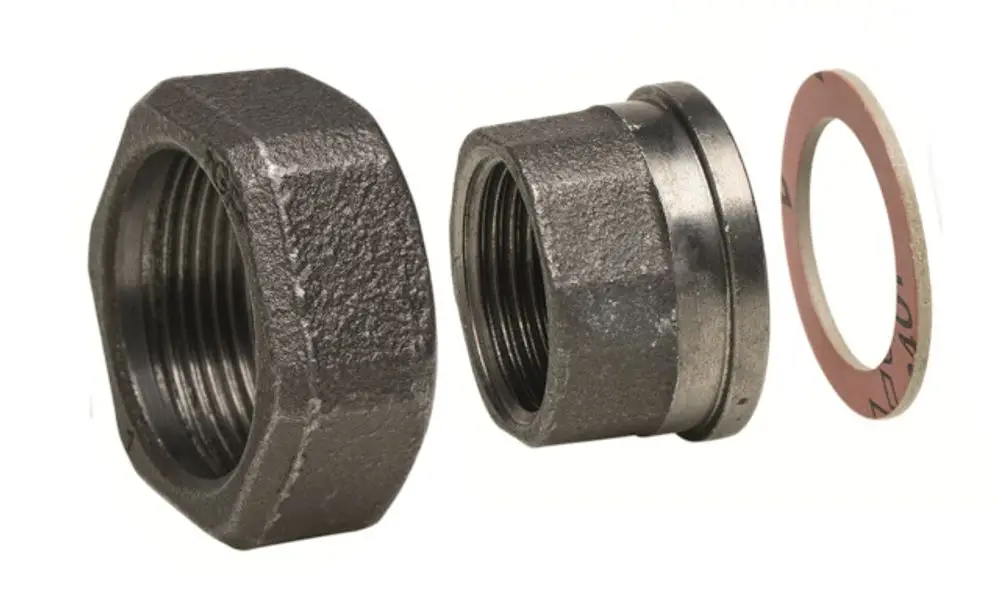 Gewindetüllen aus Metall, eine mit Gewinde und eine ohne, sowie eine Dichtung. Teile von Resideo zur Verwendung in Rohrsystemen.