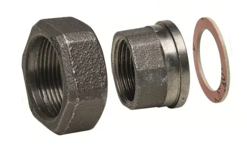 Gewindetüllen aus Metall, eine mit Gewinde und eine ohne, sowie eine Dichtung. Teile von Resideo zur Verwendung in Rohrsystemen.