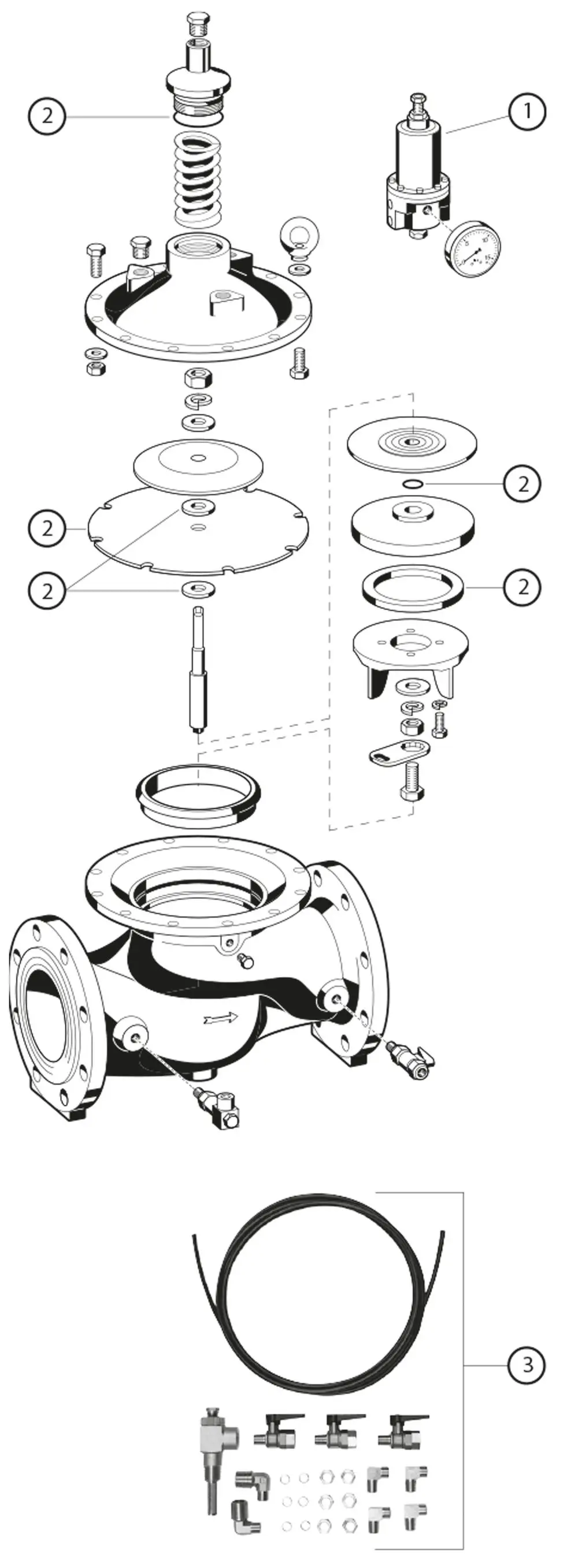 Schematische Darstellung eines Sicherheitsventils mit Druckregelmechanismus, Komponenten und Zubehörteilen, erzeugt von der Marke Resideo.