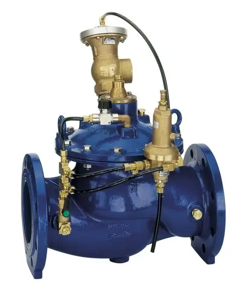 Blaues Sicherheitsventil mit mehreren Anschlüssen und Regelmechanismen, hergestellt von Resideo. Das Produkt dient der Drucksicherung in Rohrleitungssystemen.