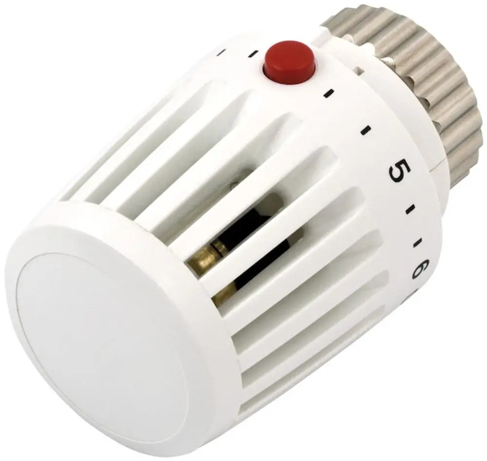 Thermostat von Resideo mit einem roten Sparknopf, versehen mit Einstellskala von 1 bis 6 und einer offenen Struktur zur Luftzirkulation.