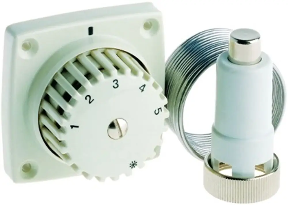 Thermostat mit Regelknopf und Anschluss für Fernverstellung, abgebildet auf hellem Hintergrund. Produkt von Resideo.