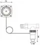 Resideo Thermostat mit Fernverstellung, abgebildet mit Drehknopf und Anschluss für die Installation. Zeichnung zeigt Maße und Anschlussdetails.