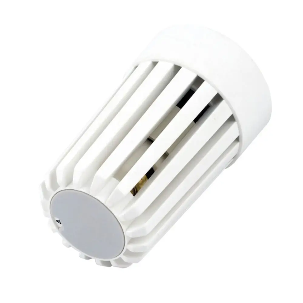 Weißes Thermostat im kompakten Design mit vertikalen Rillen, ausgestattet mit Diebstahlschutz und Voreinstellung auf 20 Grad C. Gezeichnet für Produkte von Resideo.