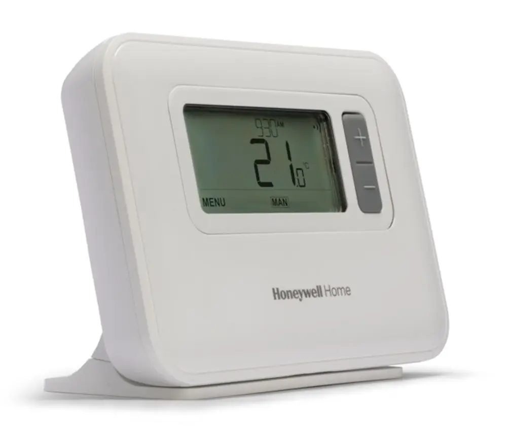 Weißes Raumthermostat von Resideo mit digitalem Display, Temperaturanzeige in Celsius und Bedienelementen zur Einstellung. Ideal für die Regelung der Raumtemperatur.