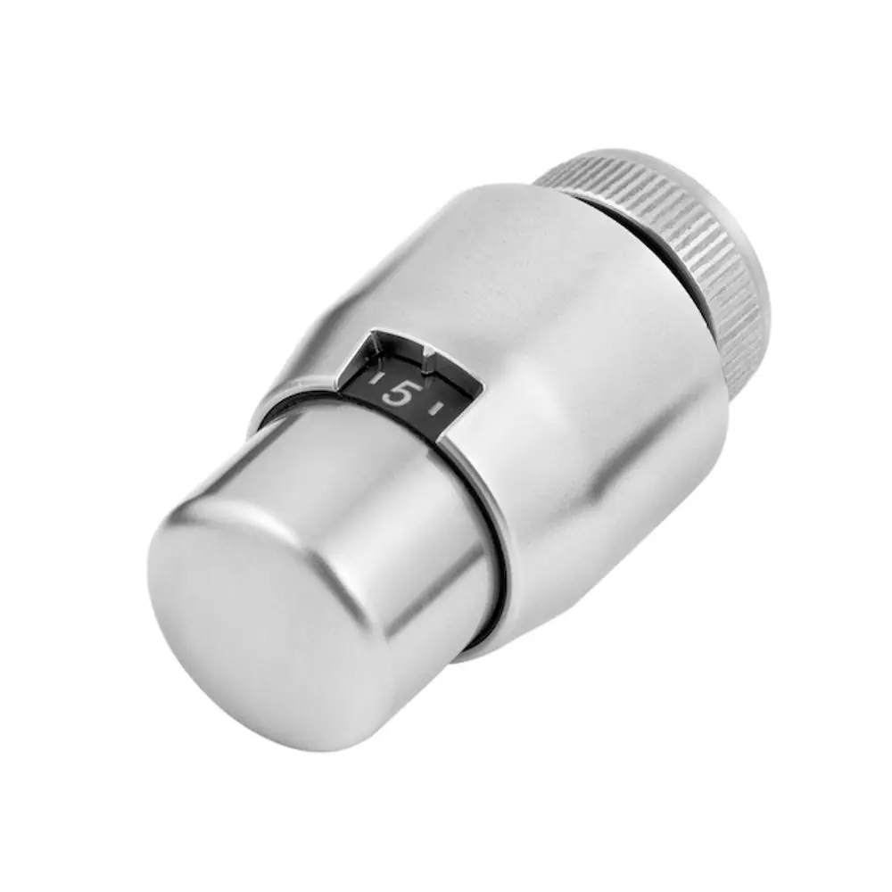 Thermostatregler von Resideo in gebürstetem Finish, mit drehbarem Knopf zur Temperatureinstellung. Sichtbare Skala von 6-26 Grad Celsius. M30x1,5mm Anschluss.