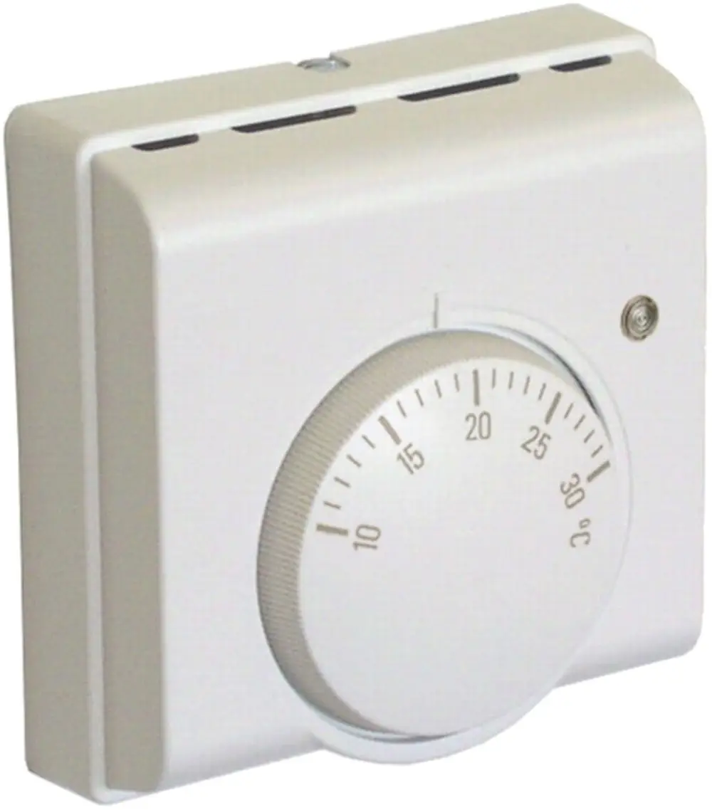 Weißes Raumthermostat von Resideo mit Drehrad zur Temperatureinstellung. Skala von 10 bis 30 Grad Celsius. Simple Bauform ohne digitale Elemente.