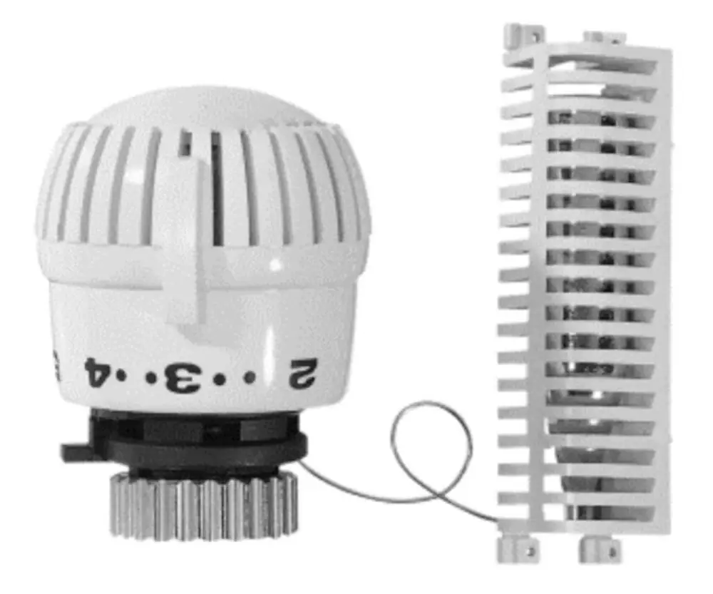 Thermostatregler in weiß von Resideo mit einem einstellbaren Temperaturbereich, montierbar. Enthalten ist eine Verbindung für M30x1,5mm.