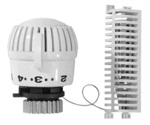 Thermostatregler in weiß von Resideo mit einem einstellbaren Temperaturbereich, montierbar. Enthalten ist eine Verbindung für M30x1,5mm.