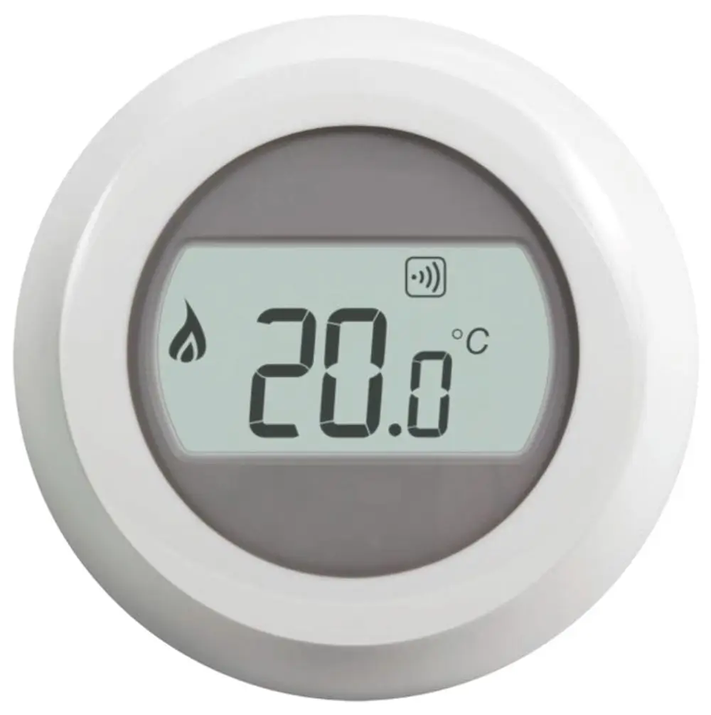 Weißer Temperaturregler von Resideo mit digitalem Display, zeigt die Raumtemperatur von 20,0 °C an. Einfache, kreisrunde Form ohne sichtbare Bedienelemente.