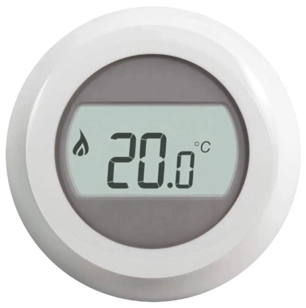 Weißer Raumtemperaturwähler mit digitaler Anzeige von 20 °C. Das Gerät gehört zur Marke Resideo und zeigt zusätzlich ein Symbol für Luftfeuchtigkeit an.