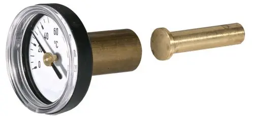 Thermometer mit Rundanzeige und schwarzem Gehäuse, verbunden mit einem messingfarbenen Stift. Teil eines Drosselventils von Resideo.