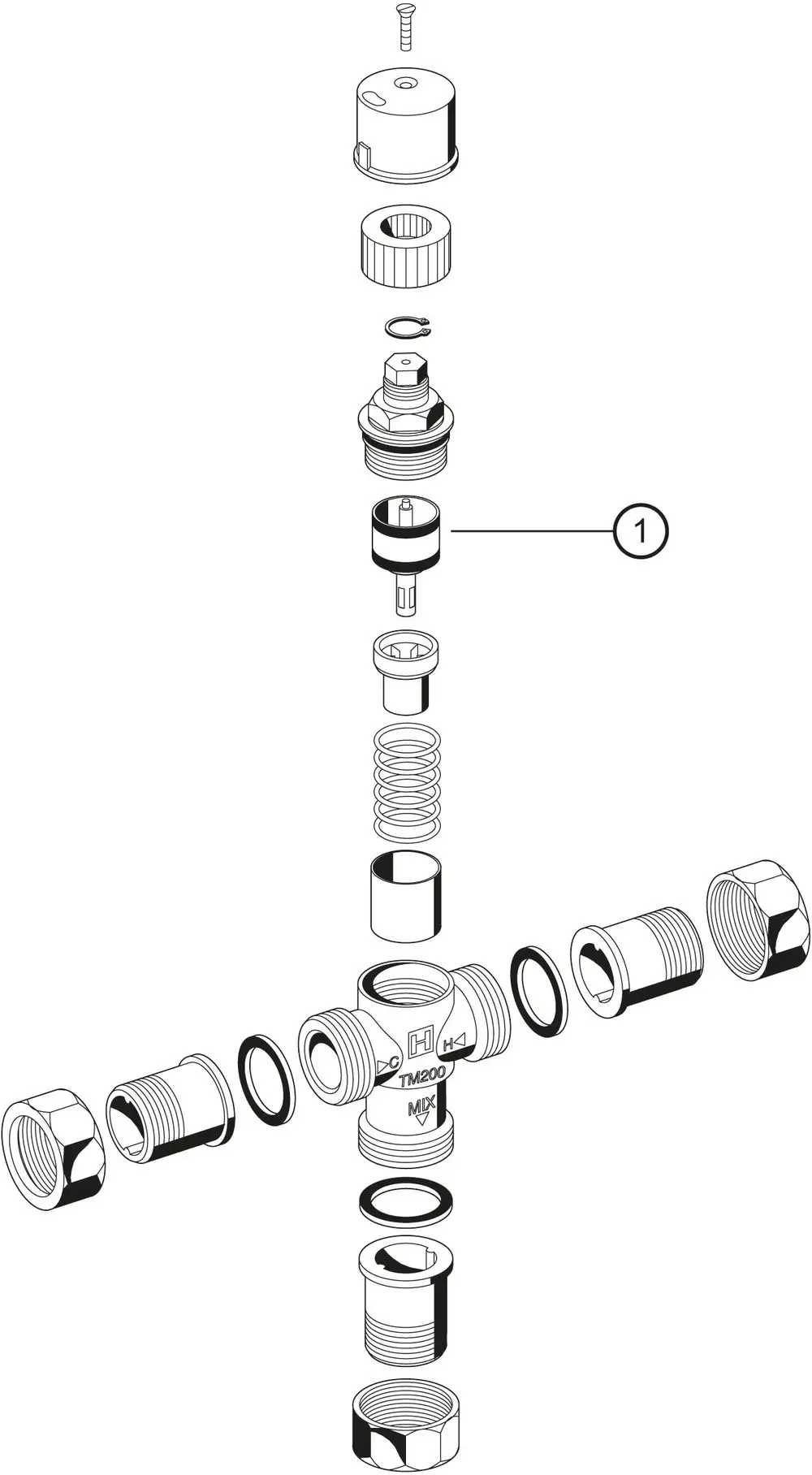 Explosionszeichnung eines thermostatischen Wassermischers mit Bauteilen wie Schraube, Feder und Dichtungen, hergestellt von Resideo. Komponenten sind in separaten Ansichten dargestellt.