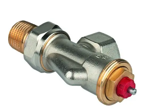 Thermostatventilkörper aus vernickeltem Messing, axialer Anschluss, zeigt die Marke Resideo. Die Konstruktion ist für Heizungsanwendungen konzipiert.