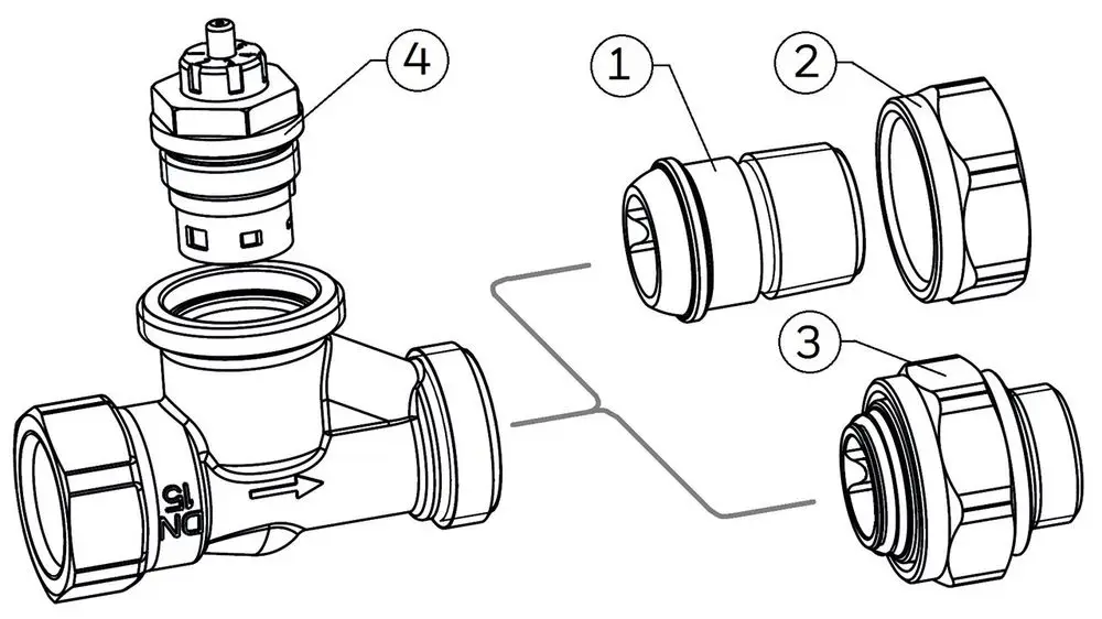 Detaillierte Illustration eines Ventilkörpers mit mehreren Komponenten, einschließlich eines Inneren Teils, alles von Resideo. Komponenten sind nummeriert 1 bis 4 zur Orientierung.