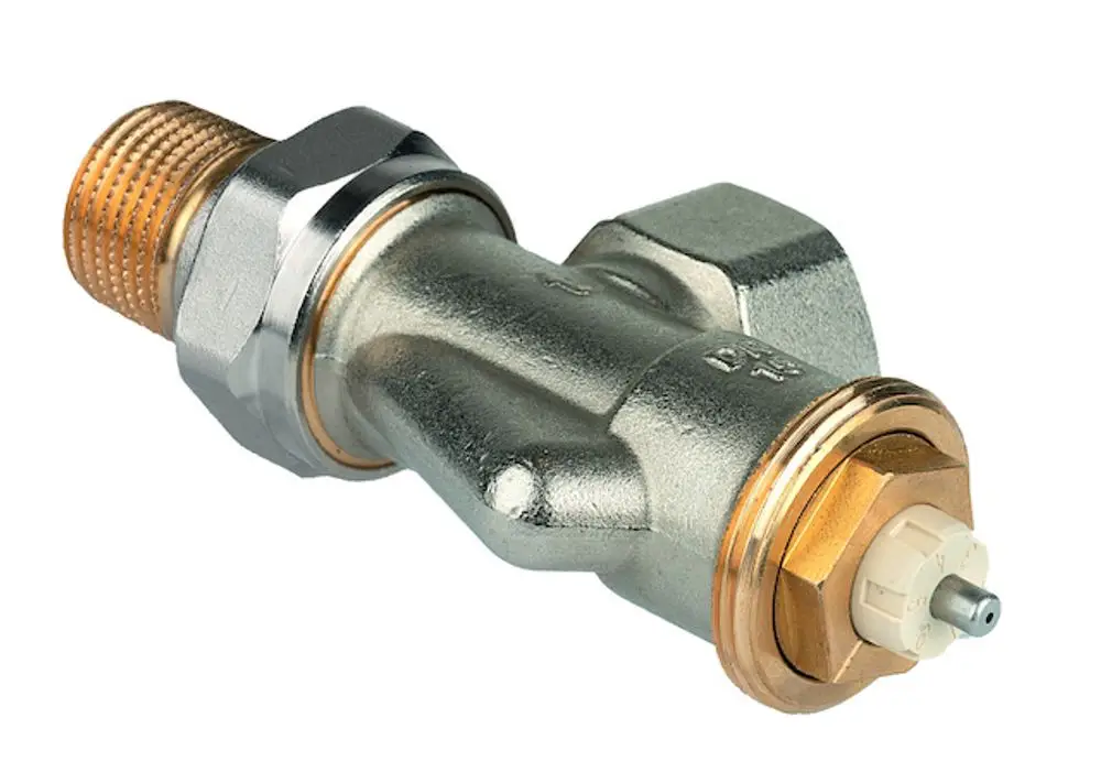 Thermostatventilkörper aus vernickeltem Messing mit axialer Form und Anschlussgewinden, typischerweise verwendet in Heizsystemen von Resideo.