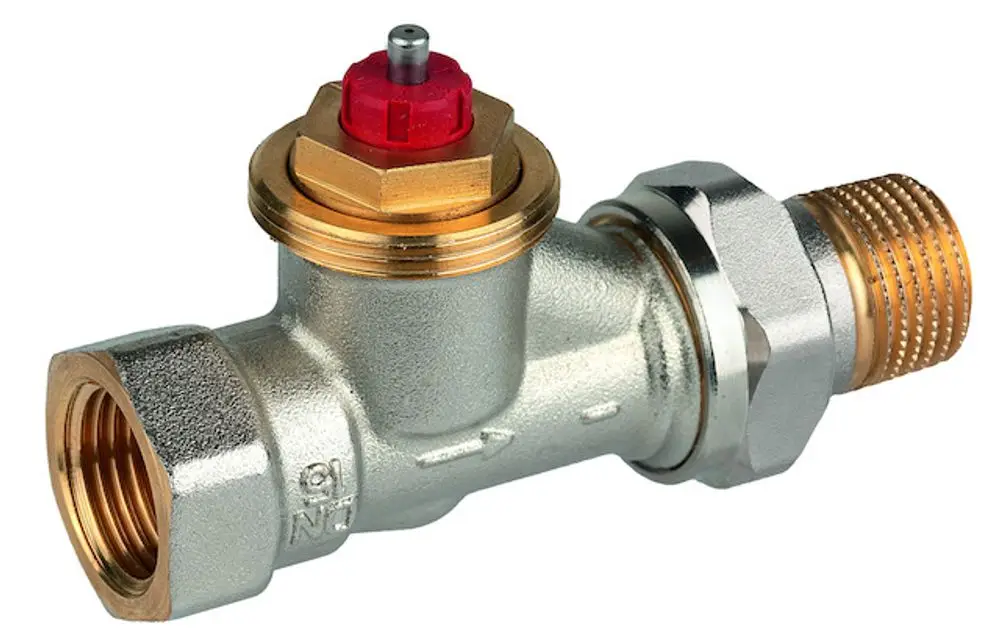 Thermostatventilkörper aus vernickeltem Messing von Resideo mit Anschlussgewinde und einem Bedienelement an der Oberseite. Der Körper hat eine durchgehende Form.
