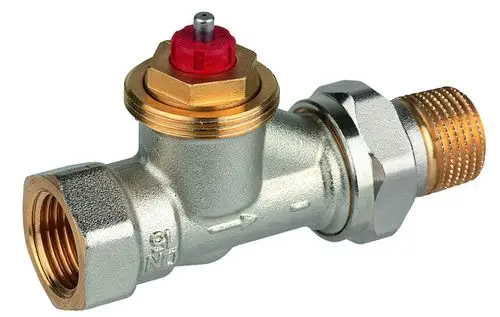 Thermostatventilkörper aus vernickeltem Messing von Resideo mit Anschlussgewinde und einem Bedienelement an der Oberseite. Der Körper hat eine durchgehende Form.
