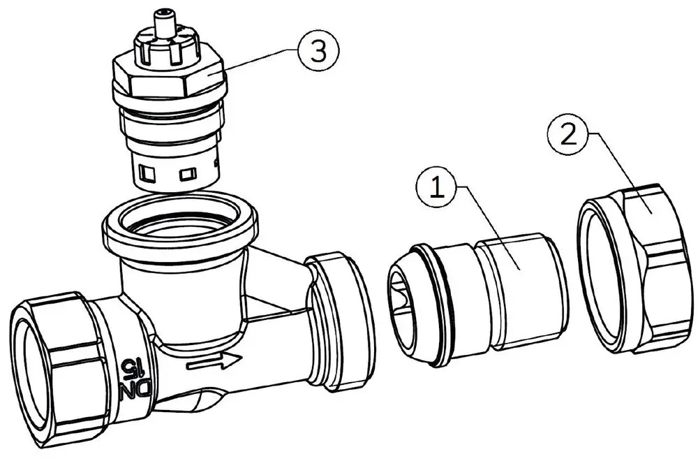 Resideo Thermostatventilkörper aus vernickeltem Messing mit integrierter Regelung. Bestandteile: Ventilkörper, Gehäuse, Dichtungen und Steuermechanismus.