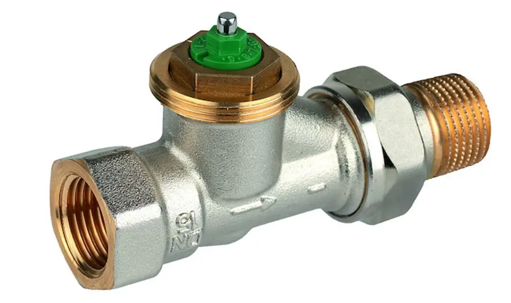 Thermostatventilkörper aus vernickeltem Messing mit grünem Einstellknopf, hergestellt von Resideo, zeigt eine durchgehende Verbindung und ein gewindeartiges Ende.