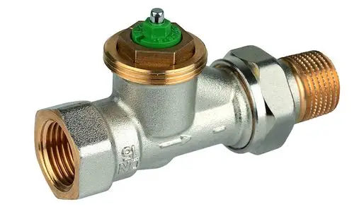 Thermostatventilkörper aus vernickeltem Messing mit grünem Einstellknopf, hergestellt von Resideo, zeigt eine durchgehende Verbindung und ein gewindeartiges Ende.