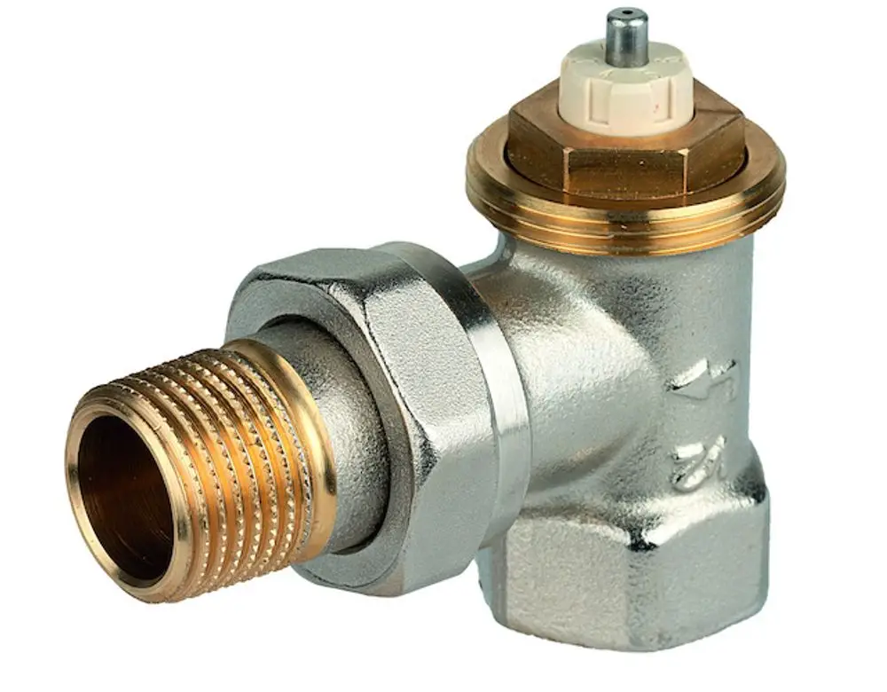 Thermostatventilkörper in Eckform aus vernickeltem Messing, mit Anschluss für Heizungsleitungen, Hersteller Resideo.