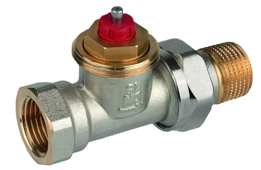 Thermostatventilkörper aus vernickeltem Messing mit einem roten Bedienknopf. Produkt von Resideo, geeignet für Heizungsanwendungen, Anschluss in Standardgröße.