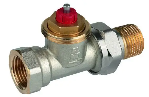 Thermostatventilkörper aus vernickeltem Messing mit einem roten Bedienknopf. Produkt von Resideo, geeignet für Heizungsanwendungen, Anschluss in Standardgröße.