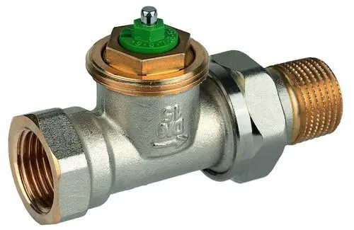 Thermostatventilkörper aus vernickeltem Messing von Resideo, mit Anschlussgewinde und einer grünen Einstellschraube an der Oberseite.