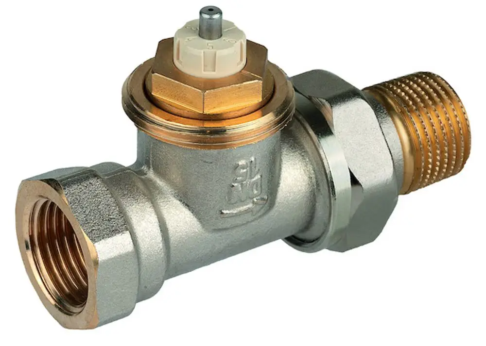 Thermostatventilkörper aus vernickeltem Messing mit Gewindeanschluss. Das Produkt gehört zur Marke Resideo und ist für Heizungsanwendungen konzipiert.