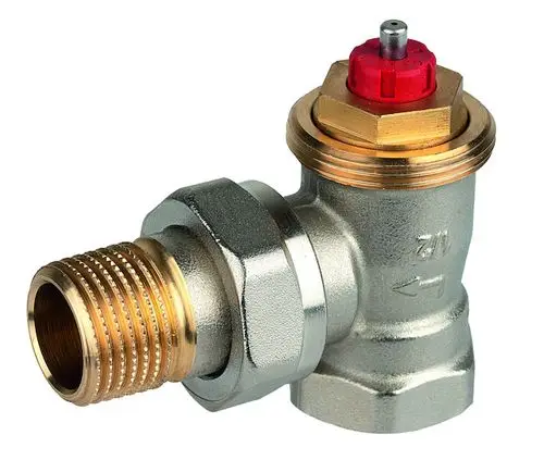 Thermostatventil mit vernickeltem Messingkörper von Resideo, mit einer Eckform und einem zentralen Einstellknopf für die Temperaturregelung.