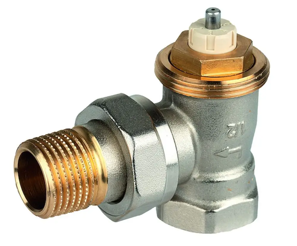 Thermostatventilkörper aus vernickeltem Messing, mit einem Eckanschluss. Produkt von Resideo zur Verwendung in Heizungsanlagen.