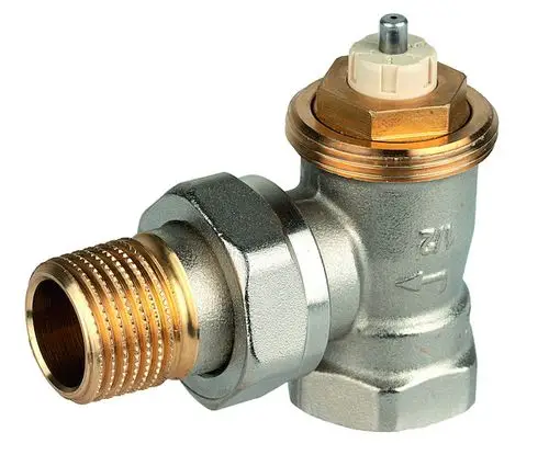 Thermostatventilkörper aus vernickeltem Messing, mit einem Eckanschluss. Produkt von Resideo zur Verwendung in Heizungsanlagen.