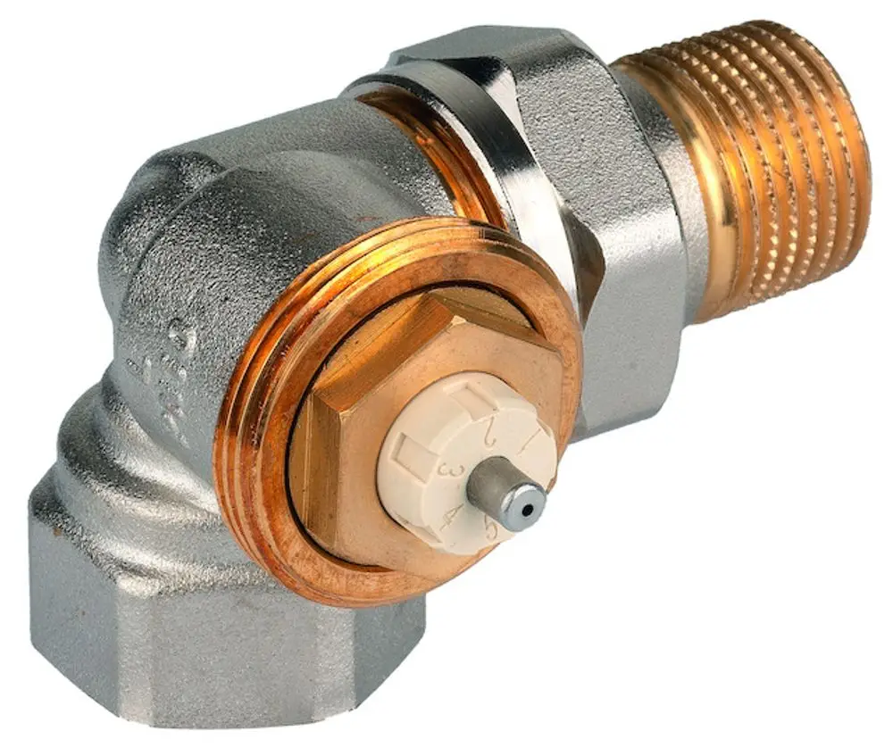 Thermostatventilkörper aus Metall mit Kupferdetails, versehen mit einem Drehregler und Anschlussgewinde. Produkt von Resideo für Heizungsanwendungen.
